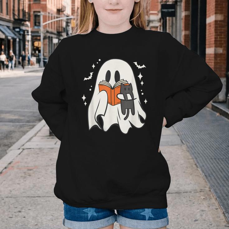 Cute Ghost Reading Book Spooky Season Halloween Costume Kids Youth Crewneck Sweatshirt