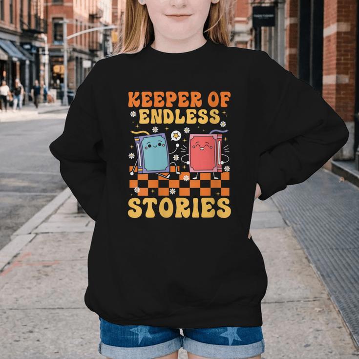 Cute Librarian Library Book Lover Keeper Of Endless Stories Youth Crewneck Sweatshirt