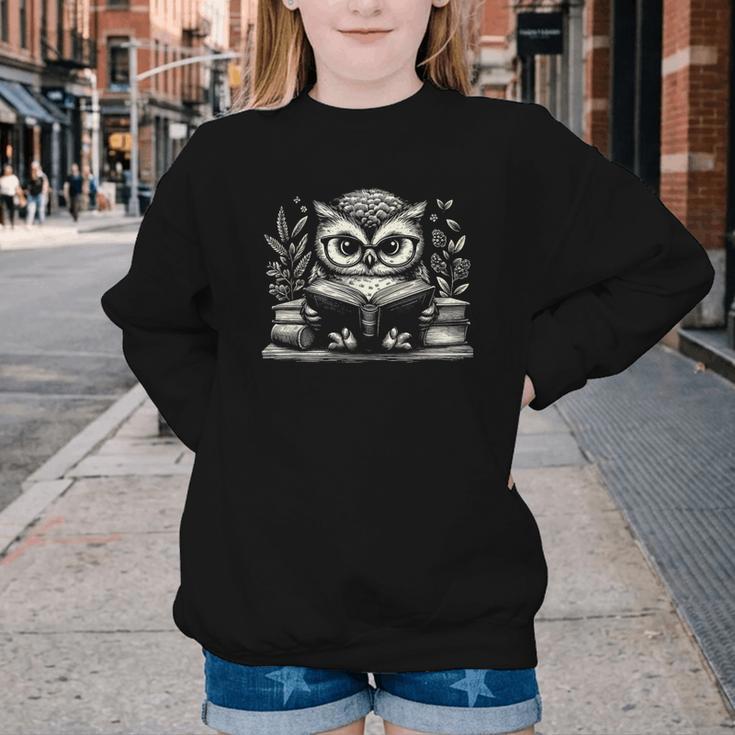 Cute Owl Reading Book Graphic Art Youth Crewneck Sweatshirt