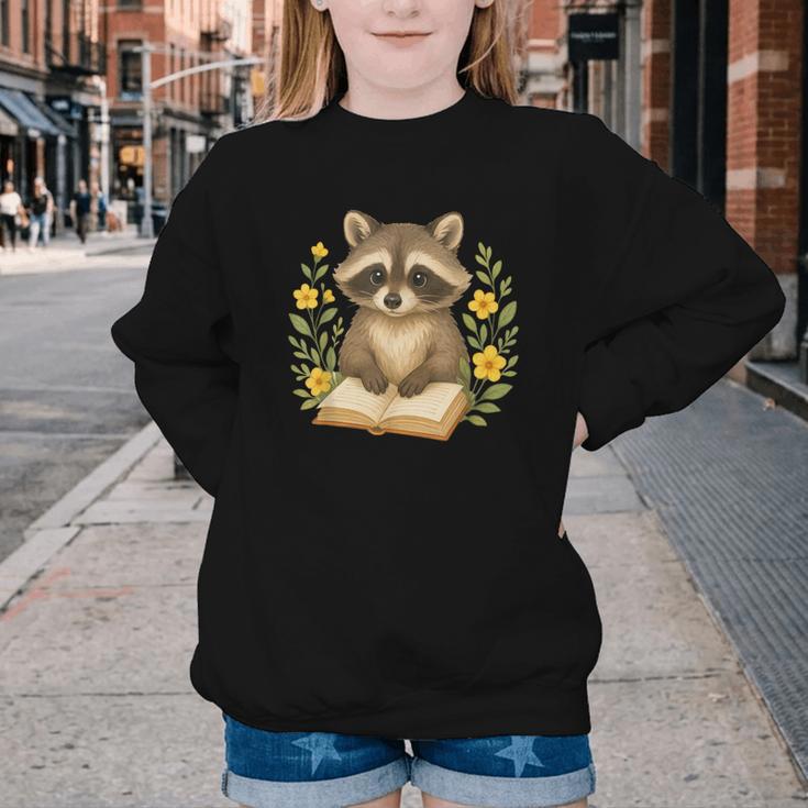Cute Raccoon Reading Book Flowers Floral Youth Crewneck Sweatshirt