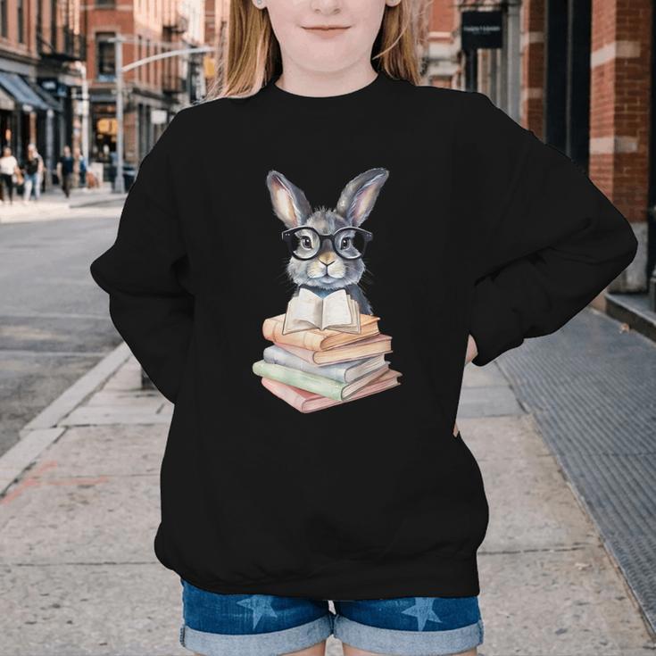 Cute Reading Bunny With Glasses Books Reader Book Bookworm Youth Crewneck Sweatshirt
