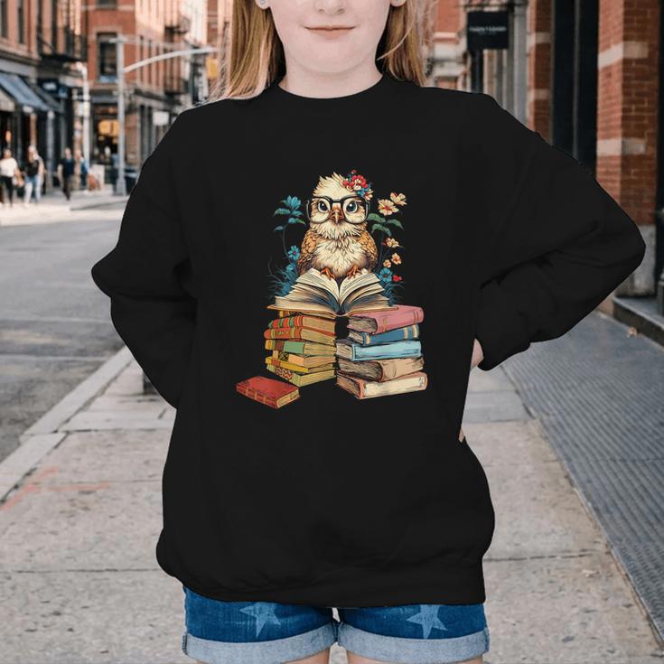 Cute Reading Chicken With Glasses Books Bookworm Reader Book Youth Crewneck Sweatshirt