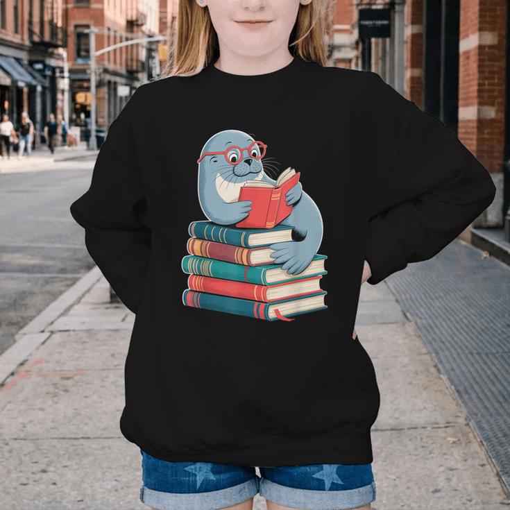 Cute Reading Seal On Books Book Lover Youth Crewneck Sweatshirt