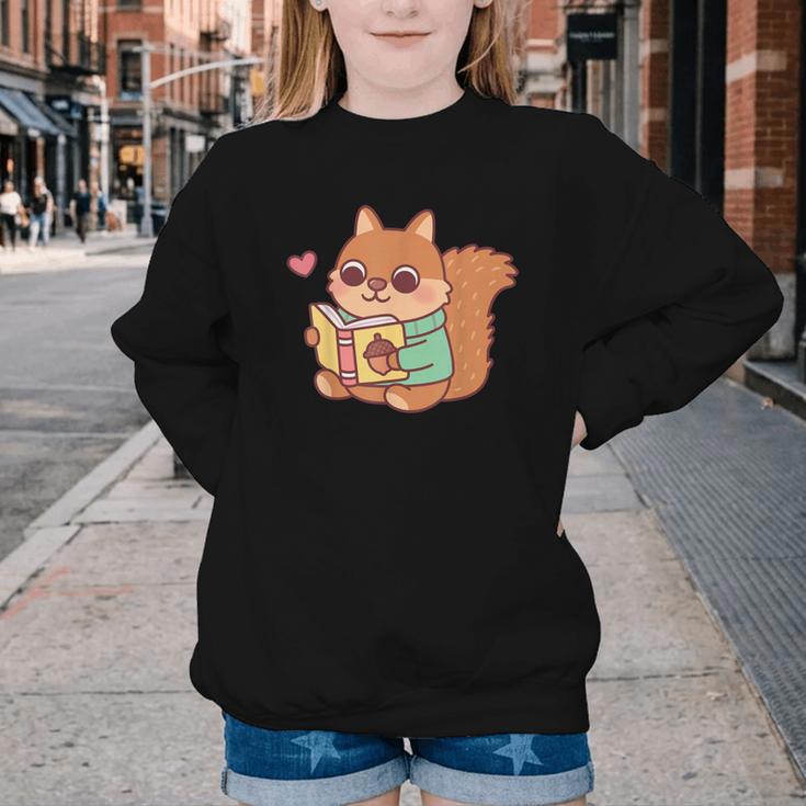 Cute Squirrel Reading A Book Lovers Anime Kawaii Women Kids Youth Crewneck Sweatshirt