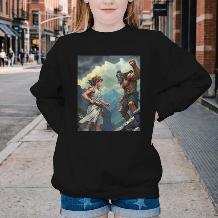 David And Goliath Bible Book Of Samuel King David Comic Youth Crewneck Sweatshirt David And Goliath Bible Book Of Samuel King David Comic Youth Crewneck Sweatshirt