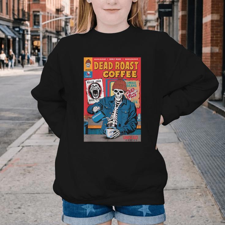 Dead Roast Coffee Comic Book Cover Style Skeleton Barista Youth Crewneck Sweatshirt