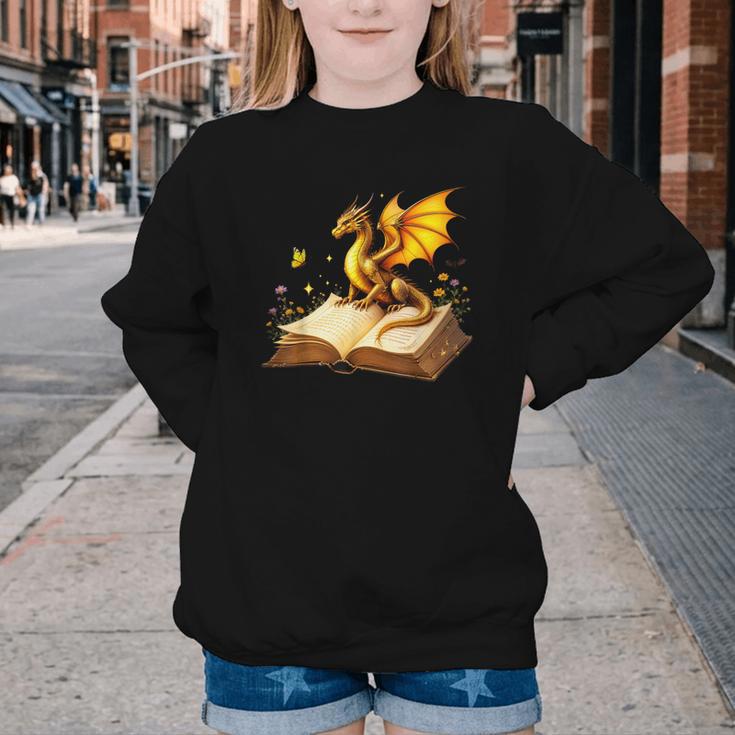 Dragon Fantasy Book Lover Bookish Reader Bookworm Wildflower Youth Crewneck Sweatshirt