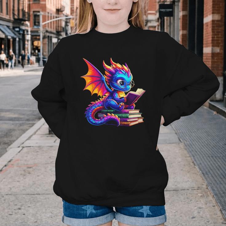 Dragon Reading a Book Bookworm Book Lover Youth Crewneck Sweatshirt Dragon Reading a Book Bookworm Book Lover Youth Crewneck Sweatshirt
