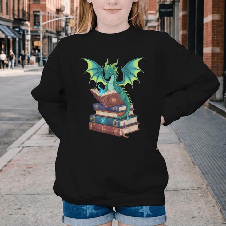 Dragon Reading Books Fantasy Lovers Mythical Creatures Youth Crewneck Sweatshirt