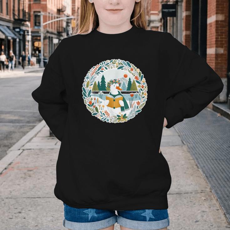 Duck Wilderness Book Reading Illustration Floral Youth Crewneck Sweatshirt