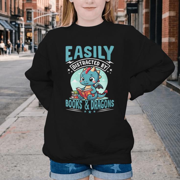 Easily Distracted By Books And Dragons Nerds Youth Crewneck Sweatshirt Easily Distracted By Books And Dragons Nerds Youth Crewneck Sweatshirt