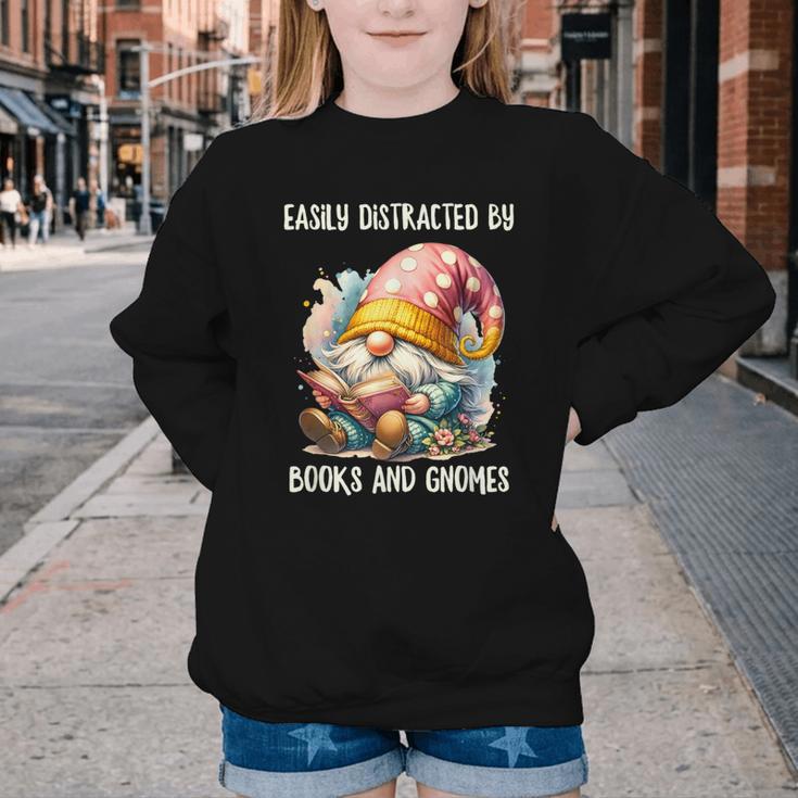 Easily Distracted By Books And Gnomes Book Reading Gnome Youth Crewneck Sweatshirt