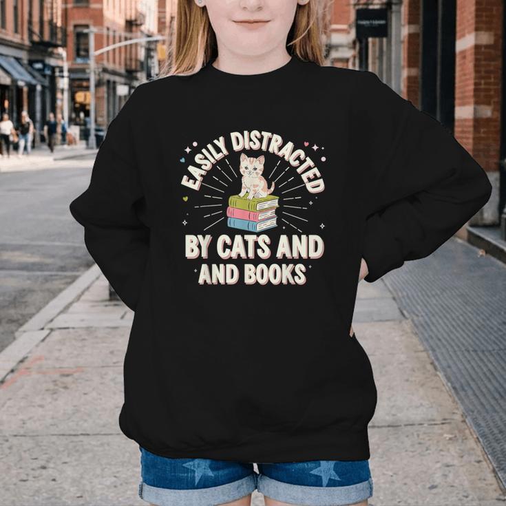 Easily Distracted By Cats & Books Tee Reader Book Worm Youth Crewneck Sweatshirt Easily Distracted By Cats & Books Tee Reader Book Worm Youth Crewneck Sweatshirt