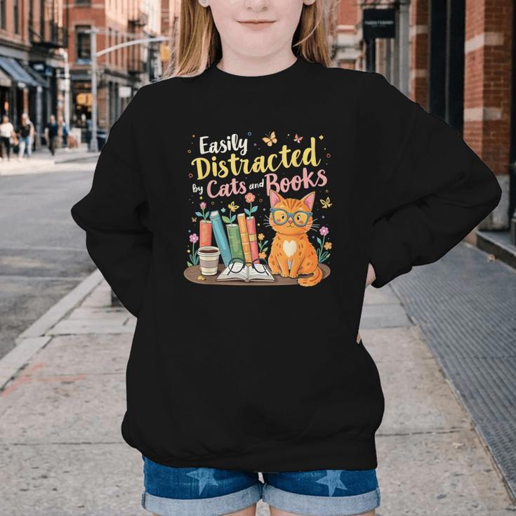 Easily Distracted By Cats And Books Book & Cat Lover Youth Crewneck Sweatshirt