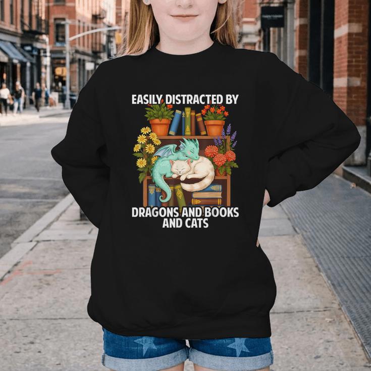 Easily Distracted By Dragons Books Cats Fantasy Book Lover Youth Crewneck Sweatshirt