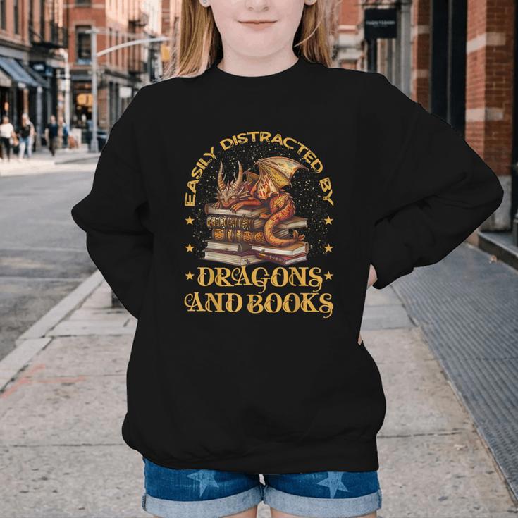 Easily Distracted By Dragons And Books Fantasy Book Lover Youth Crewneck Sweatshirt