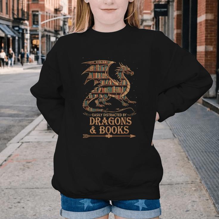 Easily Distracted By Dragons And Books Library Dragon Lover Youth Crewneck Sweatshirt Easily Distracted By Dragons And Books Library Dragon Lover Youth Crewneck Sweatshirt