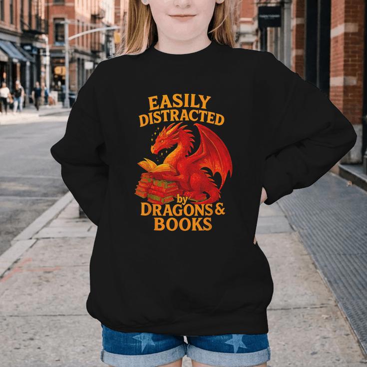 Easily Distracted By Dragons And Books Reading Youth Crewneck Sweatshirt