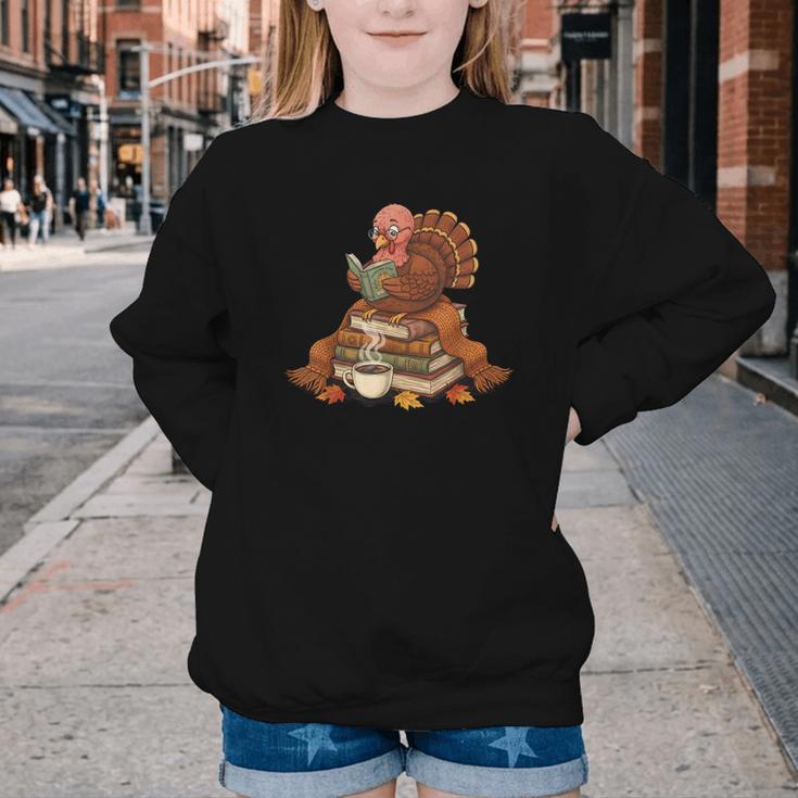 Fall Book Vintage Turkey Thanksgiving Reading Book Lovers Youth Crewneck Sweatshirt