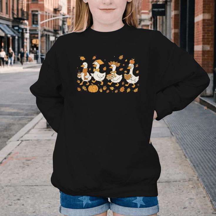 Fall Goose Reading Book Teacher Autumn Pumpkin Cozy Season Youth Crewneck Sweatshirt