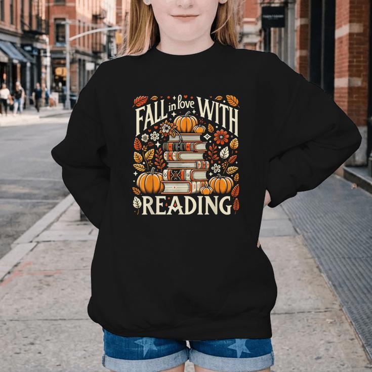 Fall In Love With Reading Book Autumn Pumpkins And Teachers Youth Crewneck Sweatshirt