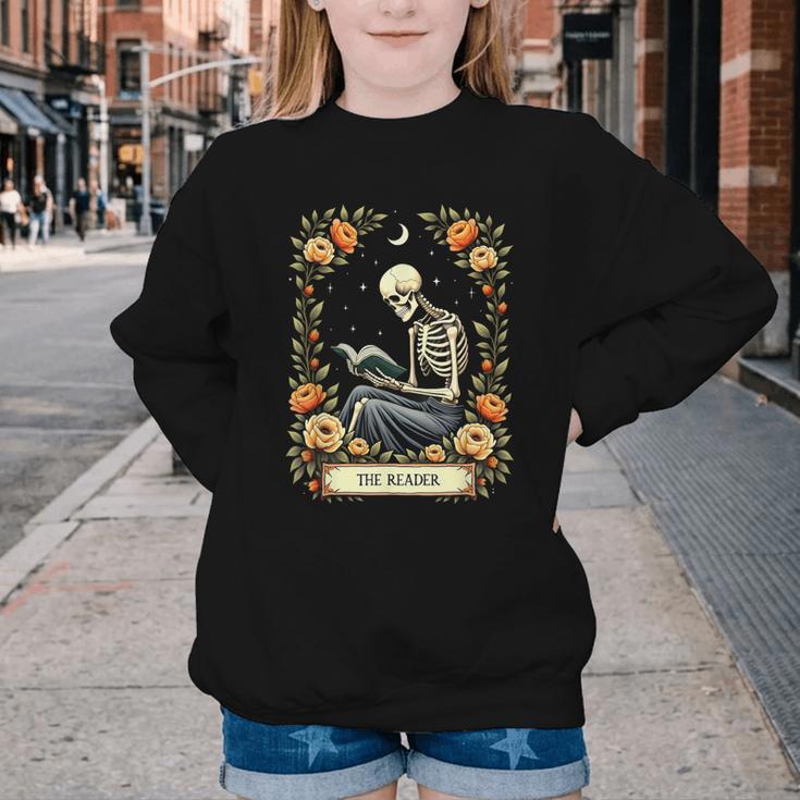 Floral Tarot Card The Reader Skeleton Reading Book Youth Crewneck Sweatshirt