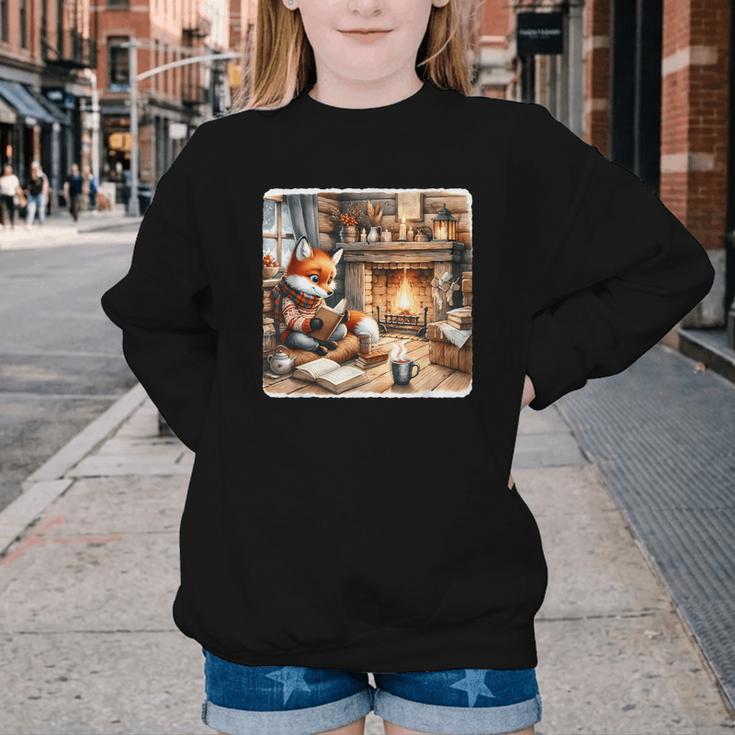 Fox Reads By Fireplace In Cabin Rustic Book Cozy Cup Tea Youth Crewneck Sweatshirt
