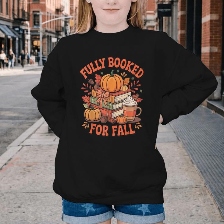 Fully Booked For Fall Books Pumpkin Autumn Thanksgiving Youth Crewneck Sweatshirt