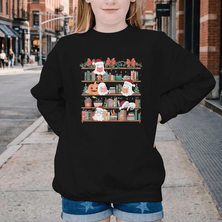 Ghost Christmas Reading Book Lover Library Christmas Teacher Youth Crewneck Sweatshirt