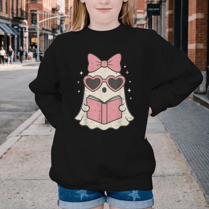 Ghost Reading Book Halloween Cat Lover Youth Crewneck Sweatshirt Ghost Reading Book Halloween Cat Lover Youth Crewneck Sweatshirt