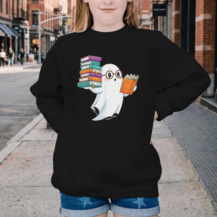 Ghost Reading Books Halloween Library Youth Crewneck Sweatshirt