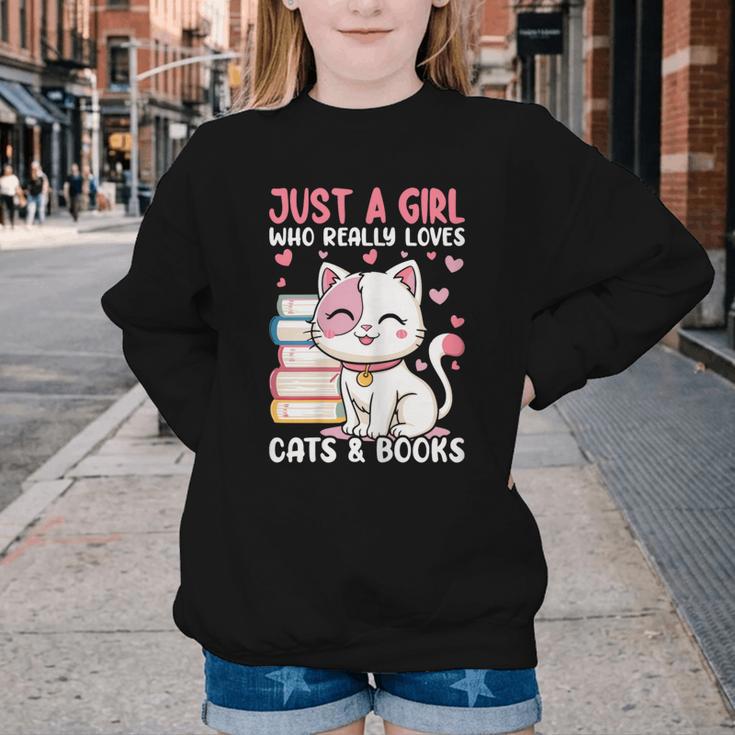 Girl Who Loves Cats And Books Cute Youth Crewneck Sweatshirt