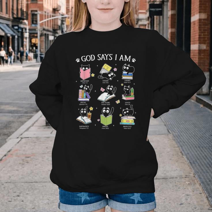 God Says I Am Cat Book Lover Christian Cute Jesus Girls Kids Youth Crewneck Sweatshirt