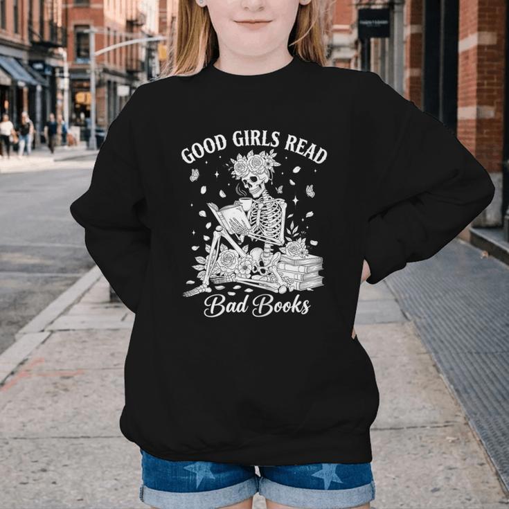 Good Girls Read Bad Books Skeleton Reading Book Halloween Youth Crewneck Sweatshirt
