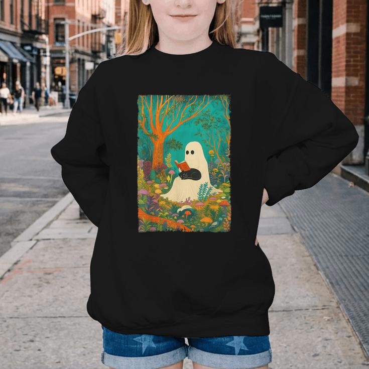 Groovy Ghost Reading Book Cat Halloween Ghost Teacher Youth Crewneck Sweatshirt