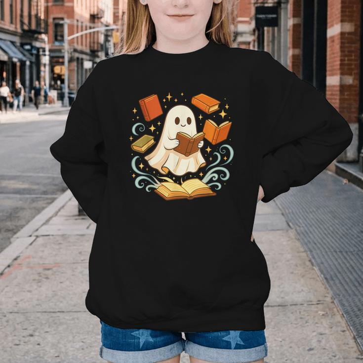 Halloween Cute Ghost Shirt Reading Books Ghost Youth Crewneck Sweatshirt