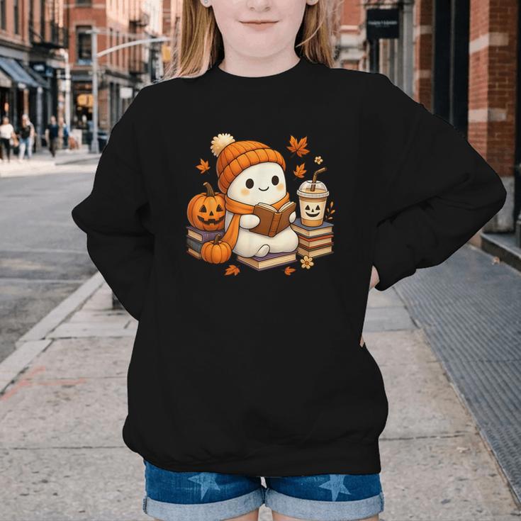Halloween Ghost Reading Book Lovers Coffee Girl Women Youth Crewneck Sweatshirt