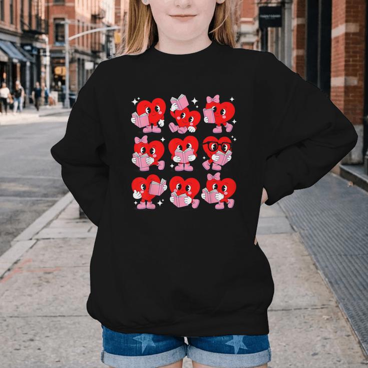 Heart Reading Books Valentine Teacher Boys Girls Book Lover Youth Crewneck Sweatshirt