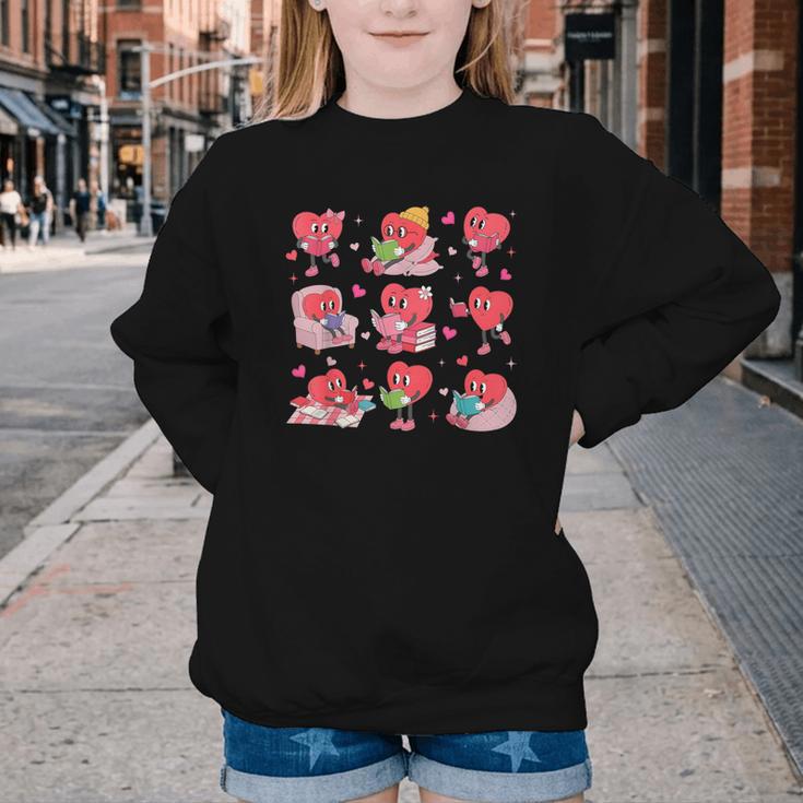 Hearts Reading Book Lovers All Booked For Valentine Youth Crewneck Sweatshirt