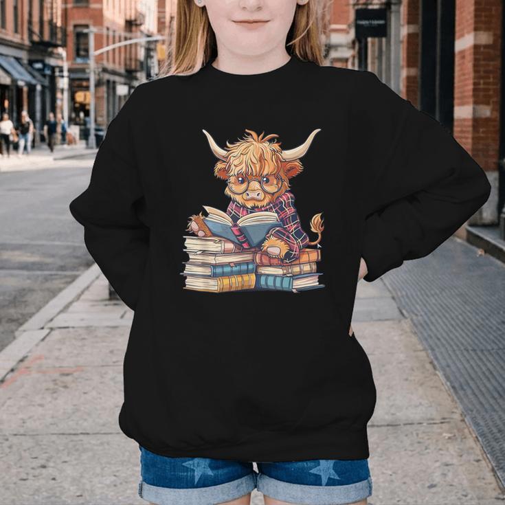 Highland Cow Reading Book Librarian Library Youth Crewneck Sweatshirt Highland Cow Reading Book Librarian Library Youth Crewneck Sweatshirt
