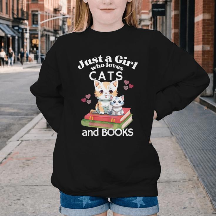 Just A Girl That Loves Cats And Books Cute Cat & Bookwork Youth Crewneck Sweatshirt