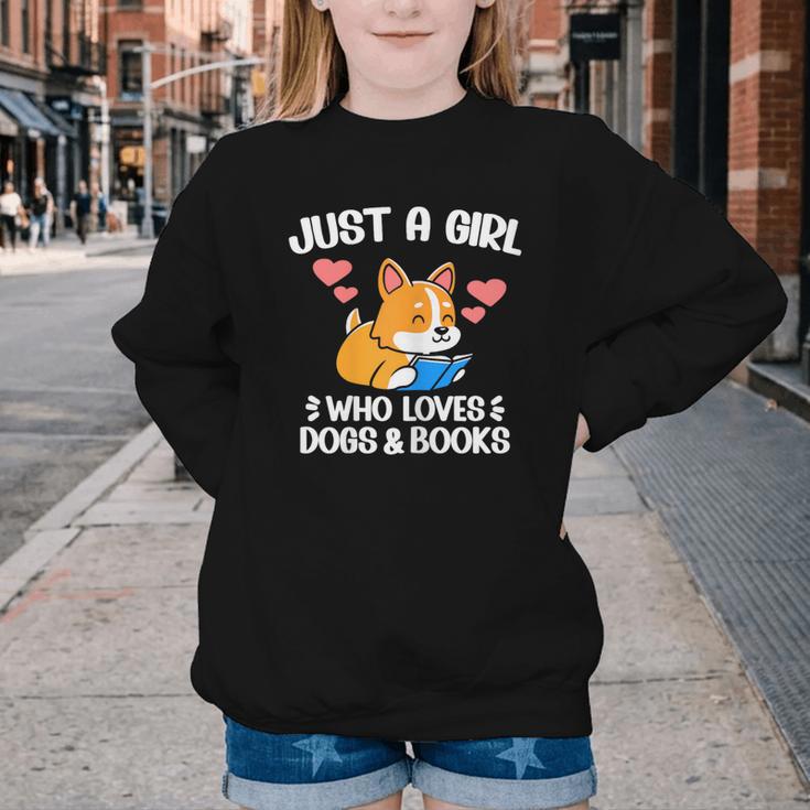 Just A Girl Who Loves Dogs And Books Reading Dog Puppy Lover Youth Crewneck Sweatshirt