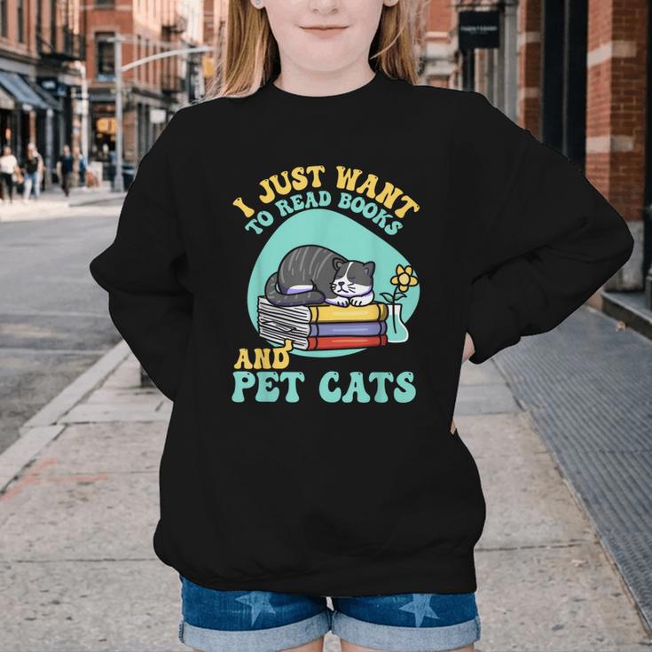 I Just Want To Read Books And Pet Cats Cat Book Lovers Youth Crewneck Sweatshirt