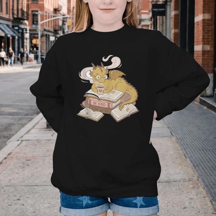 Be Kind Stay Weird Read Books Cute Dragon Youth Crewneck Sweatshirt