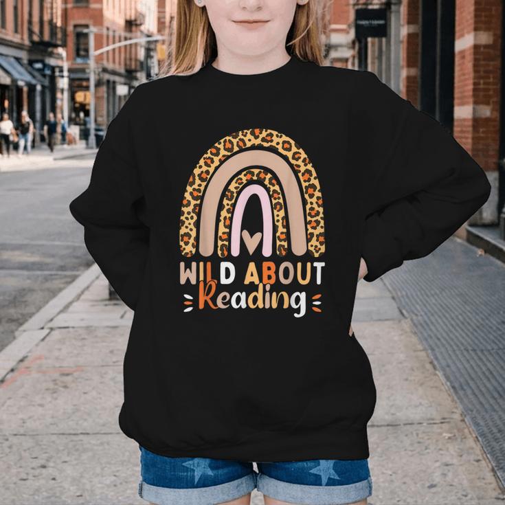 Leopard Teacher Wild About Reading Books Reader Librarian Youth Crewneck Sweatshirt
