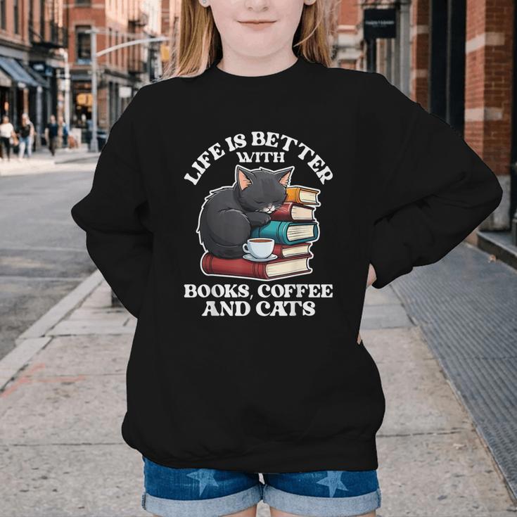 Life Is Better With Books Cats & Coffee Librarian Book Lover Youth Crewneck Sweatshirt Life Is Better With Books Cats & Coffee Librarian Book Lover Youth Crewneck Sweatshirt