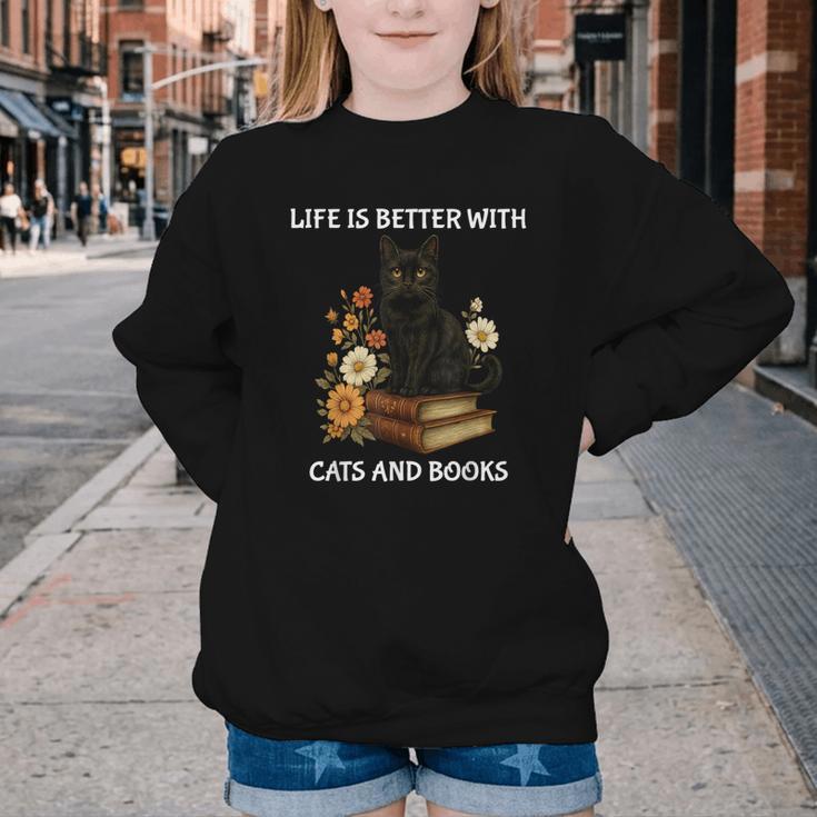 Life Is Better With Cats And Books Cute Cat Lover For Men Women Kids Youth Crewneck Sweatshirt