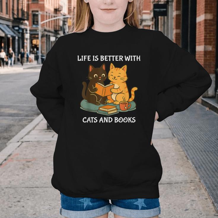 Life Is Better With Cats And Books Cute Cat Lover Youth Crewneck Sweatshirt