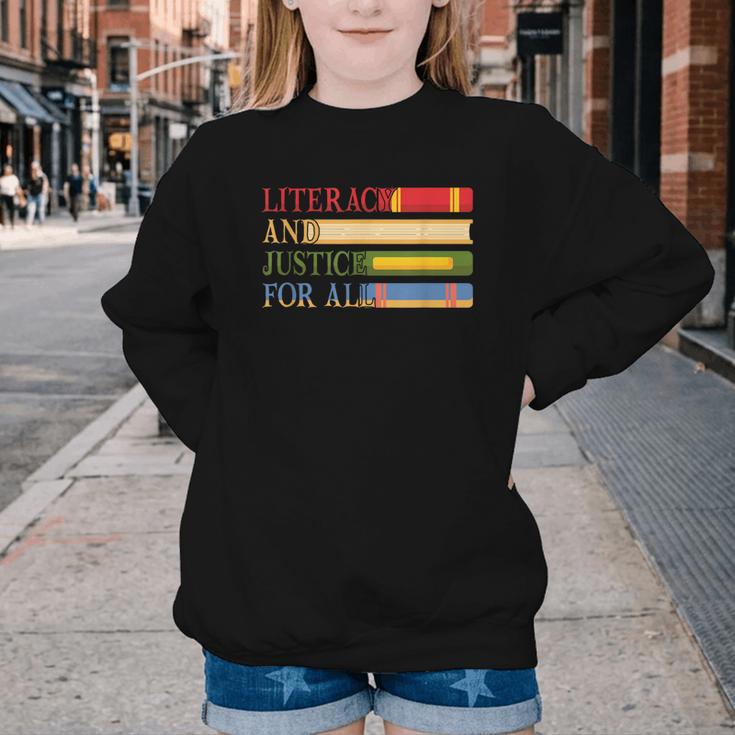 Literacy And Justice For All Reading Book Club Librarian Youth Crewneck Sweatshirt