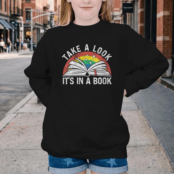 Take a Look It's In a Book Reading Vintage Retro Rainbow Youth Crewneck Sweatshirt